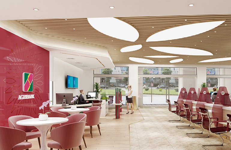 Sảnh lớn thiết kế bức tường lớn thể hiện logo thương hiệu